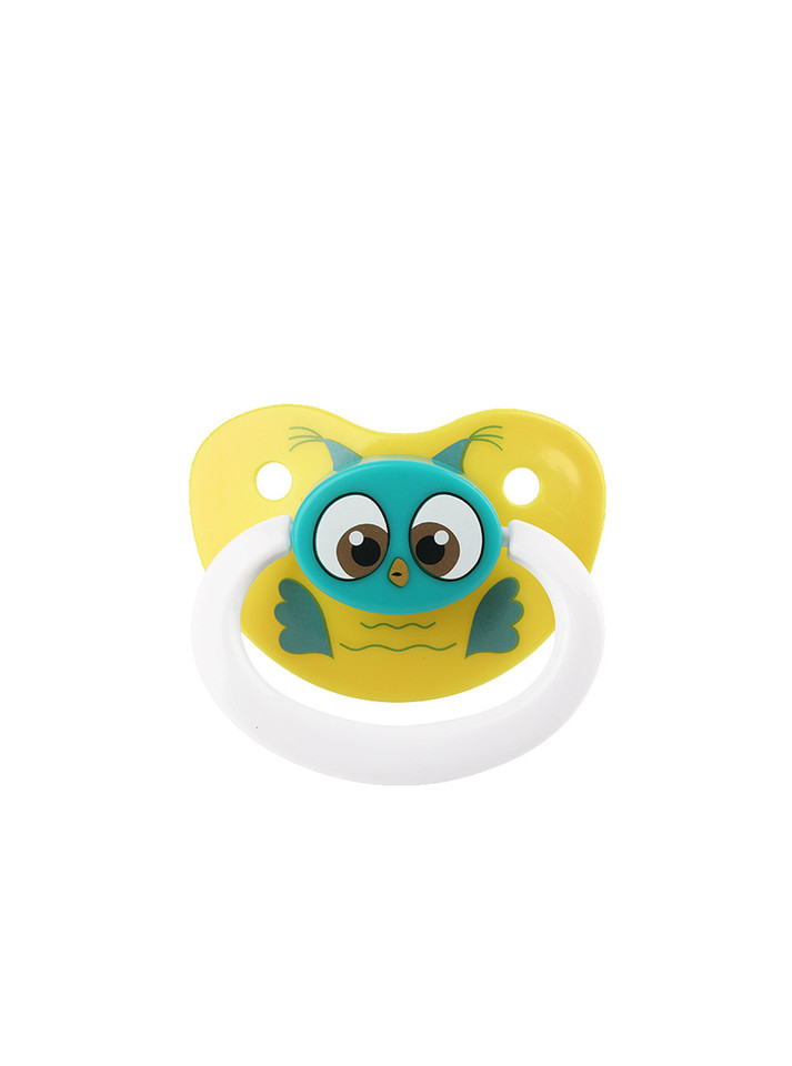Adult baby pacifier with a charming owl design on a yellow background, equipped with a white handle for convenience.