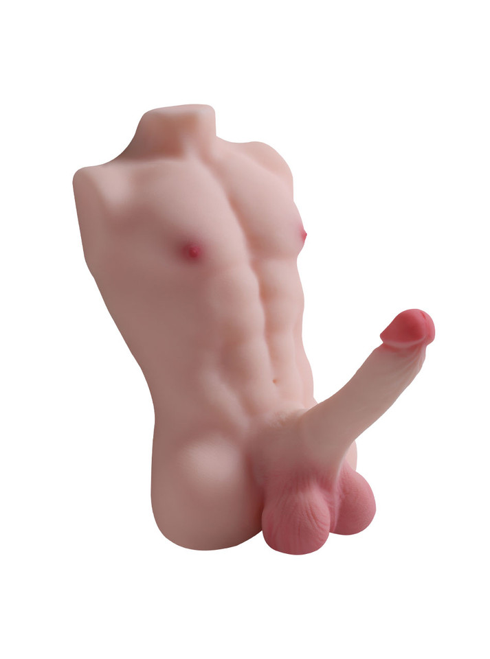 muscular male torso sex doll angled front view with realistic cock and balls