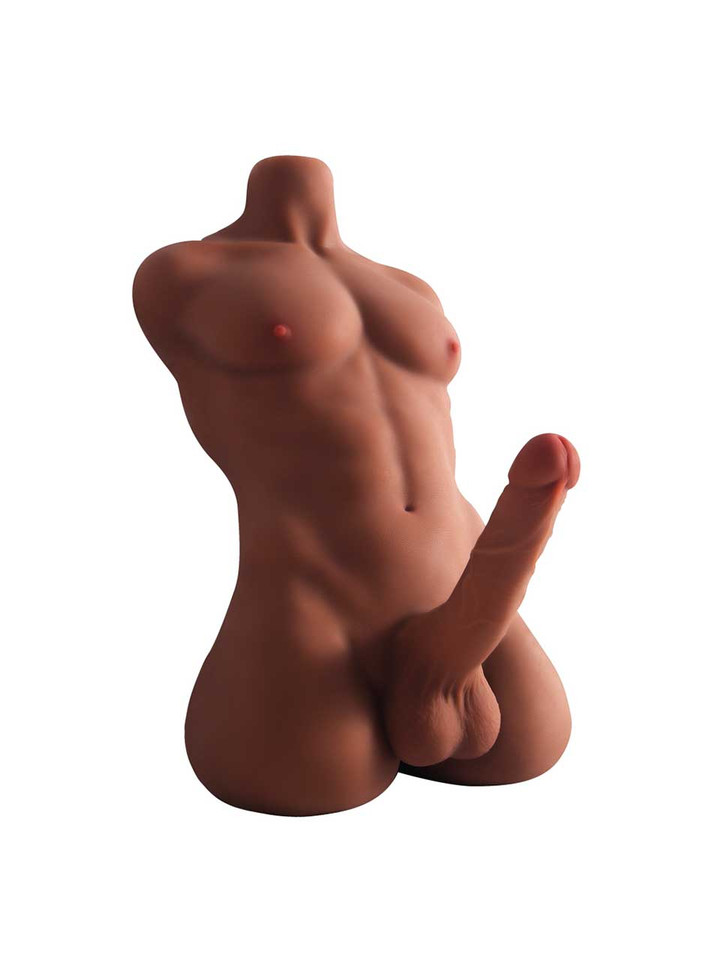 Brown muscular male sex doll torso with realistic cock, broad chest and large balls