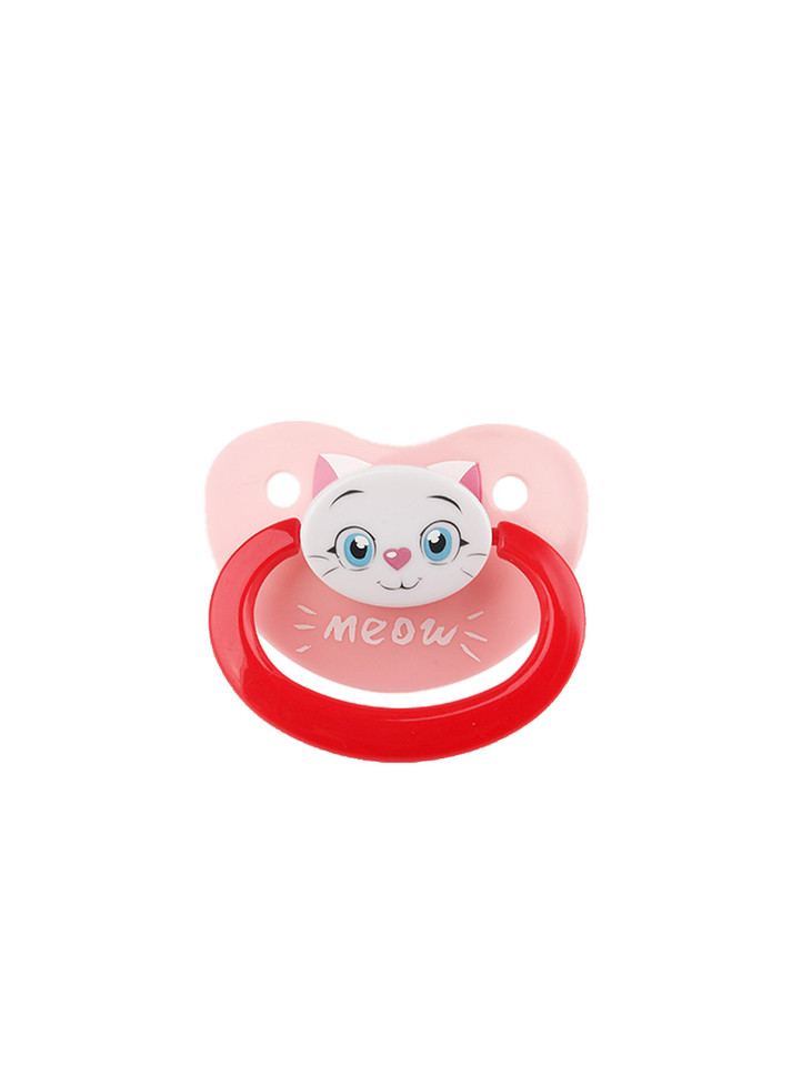 Adult baby pacifier with a charming cat pattern on a pink background, featuring a red handle for easy use.