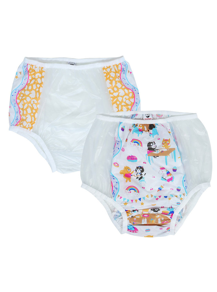 "Party Pals" transparent PVC ABDL waterproof pull up pants 2 pack with colourful animal, unicorn and rainbow prints
