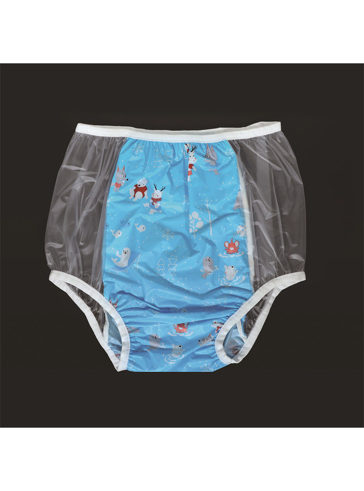 "Arctic Pals" reusable ABDL plastic pull up pants with clear PVC sides and playful arctic animal print