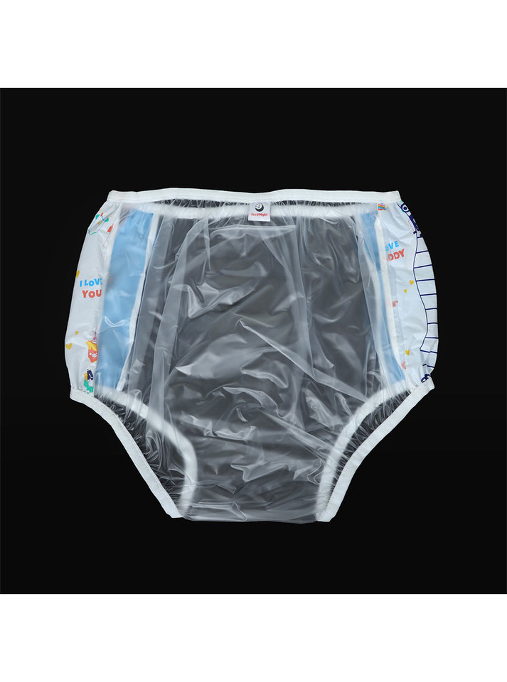 Back view of "Mommy & Daddy Playtime" ABDL pull up pants showing transparent PVC rear panel and printed side panels