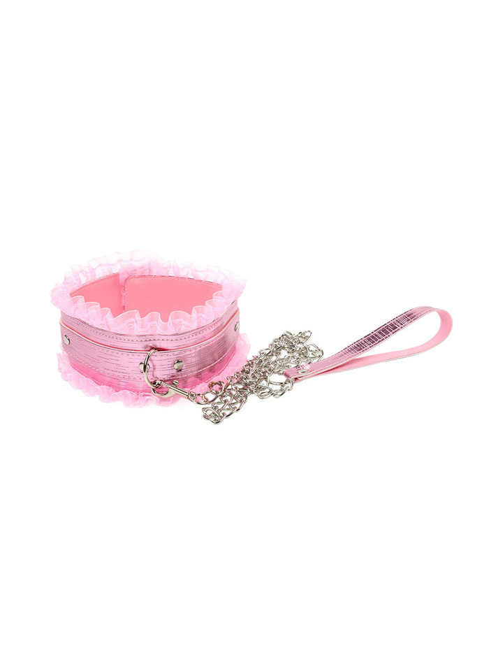 Elegant collar with a matching pink lace leash, enhancing BDSM play with style and control.