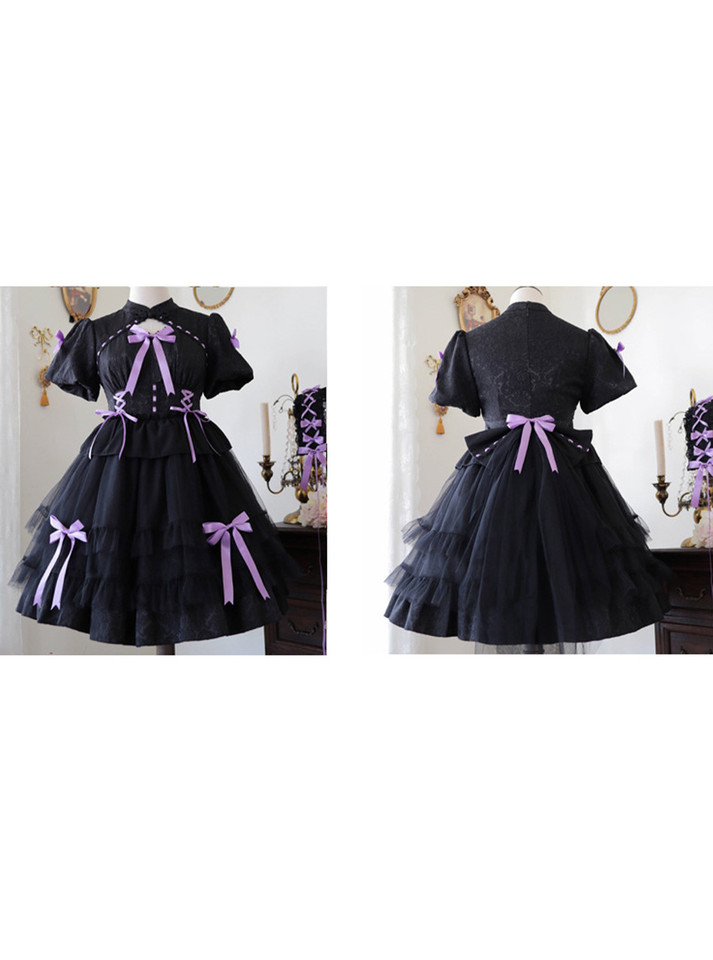Chic black princess dress with delicate bow accents in chiffon, offering a magical and enchanting choice for ageplay enthusiasts.