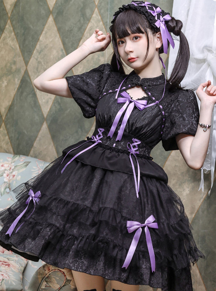 Black chiffon princess dress with butterfly bows, perfect for adding a touch of elegance to ABDL and ageplay.