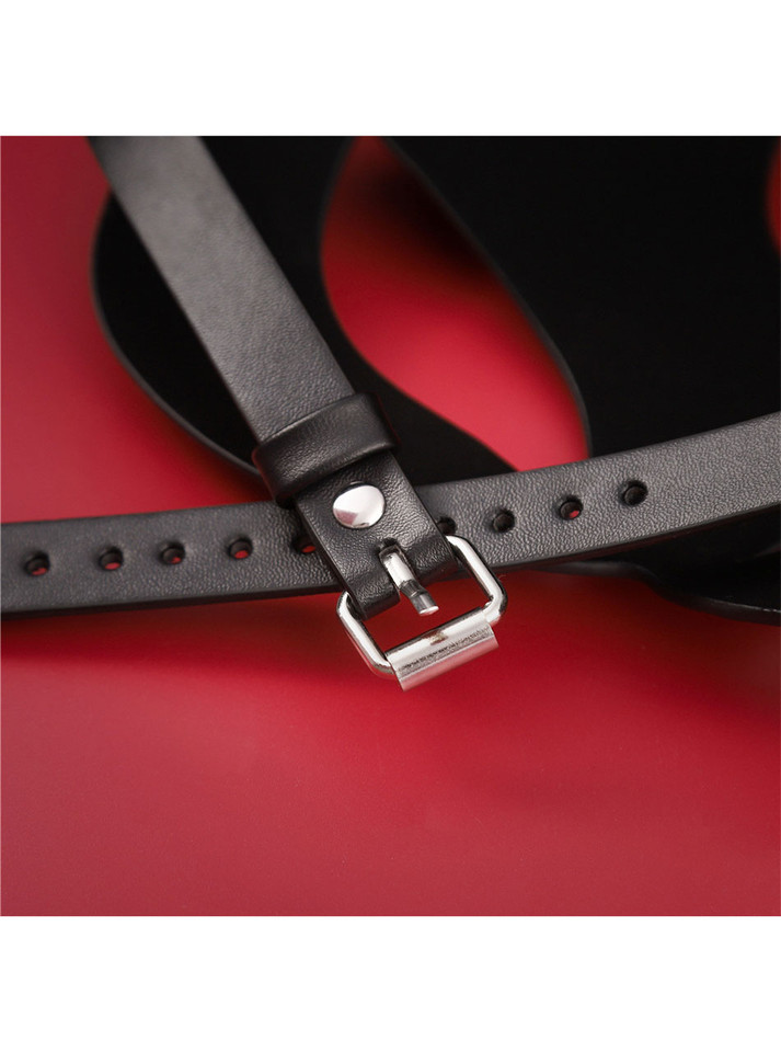 Zoomed Detail of Vegan Leather Cat Mask's Buckle - The Clasp of Intrigue.