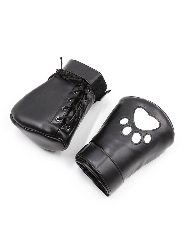Pair of Black Vegan Leather Pup Play Mitts Laid Flat
