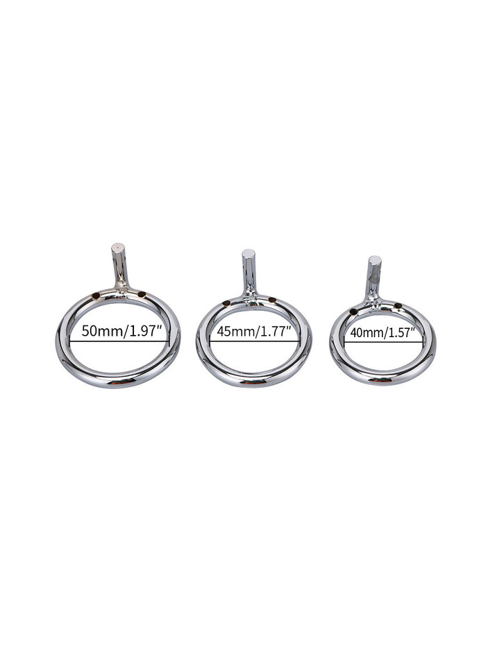 Dimensional blueprint of the stainless steel chastity cage, emphasizing its ergonomic design.