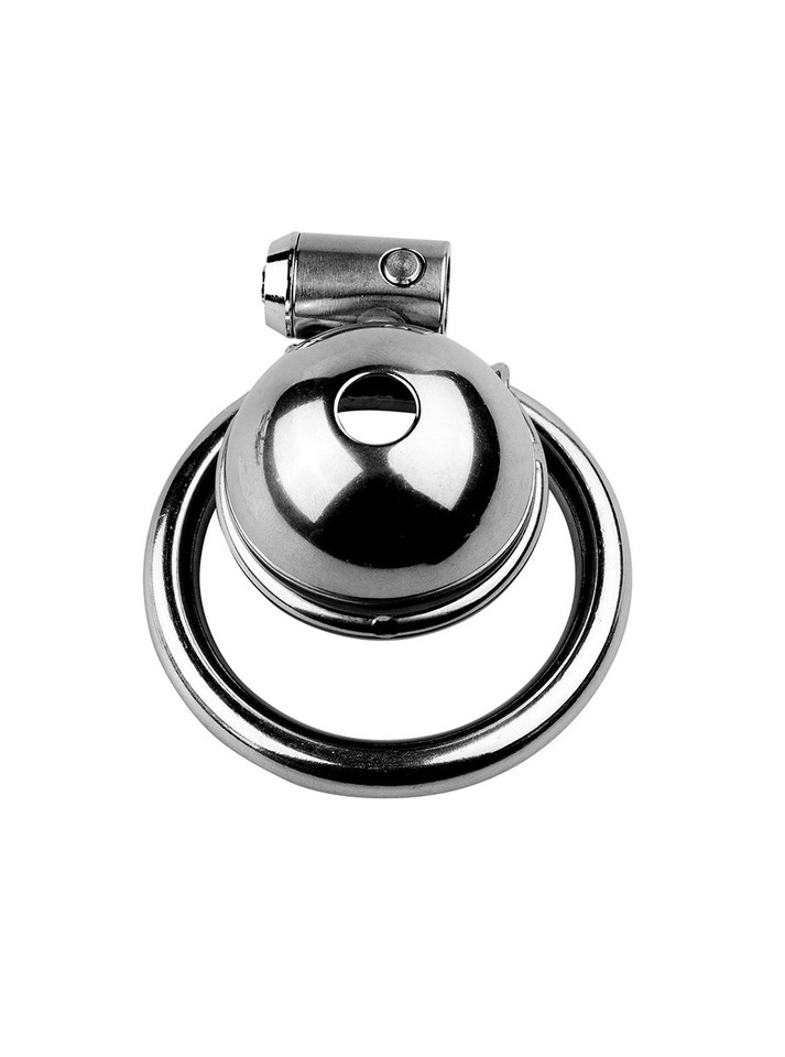 Frontal view of the stainless steel chastity device with its concealed lock.