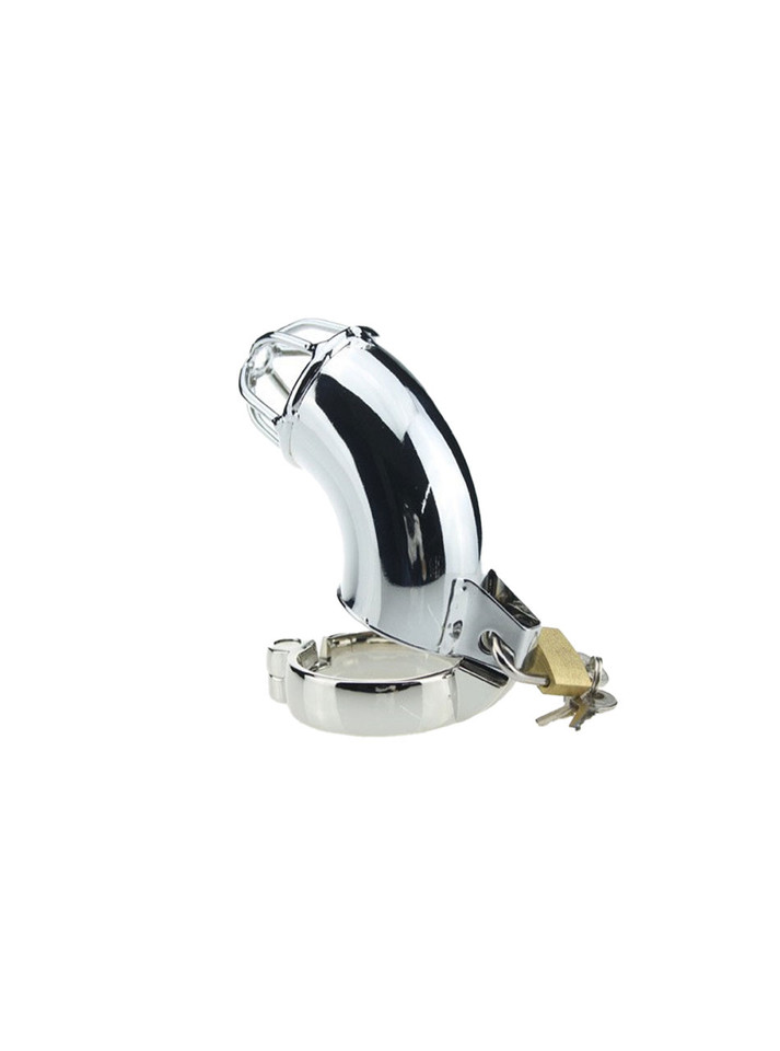 Gleaming zinc alloy chastity device with independent lock and reflective surface