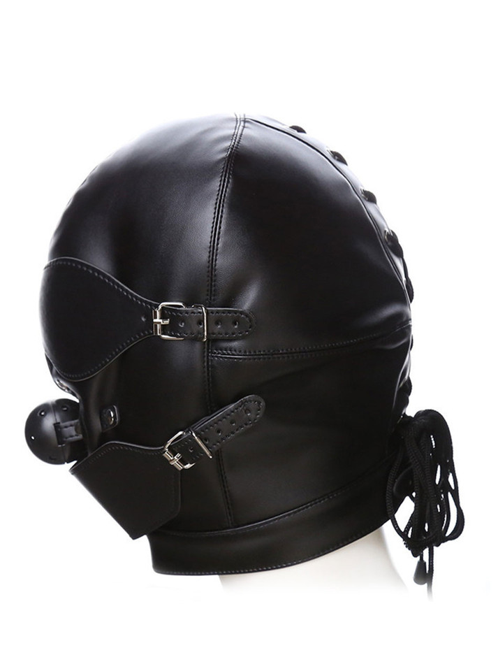 Side profile of adjustable vegan leather sensory hood with precise stitching and metal accents.
