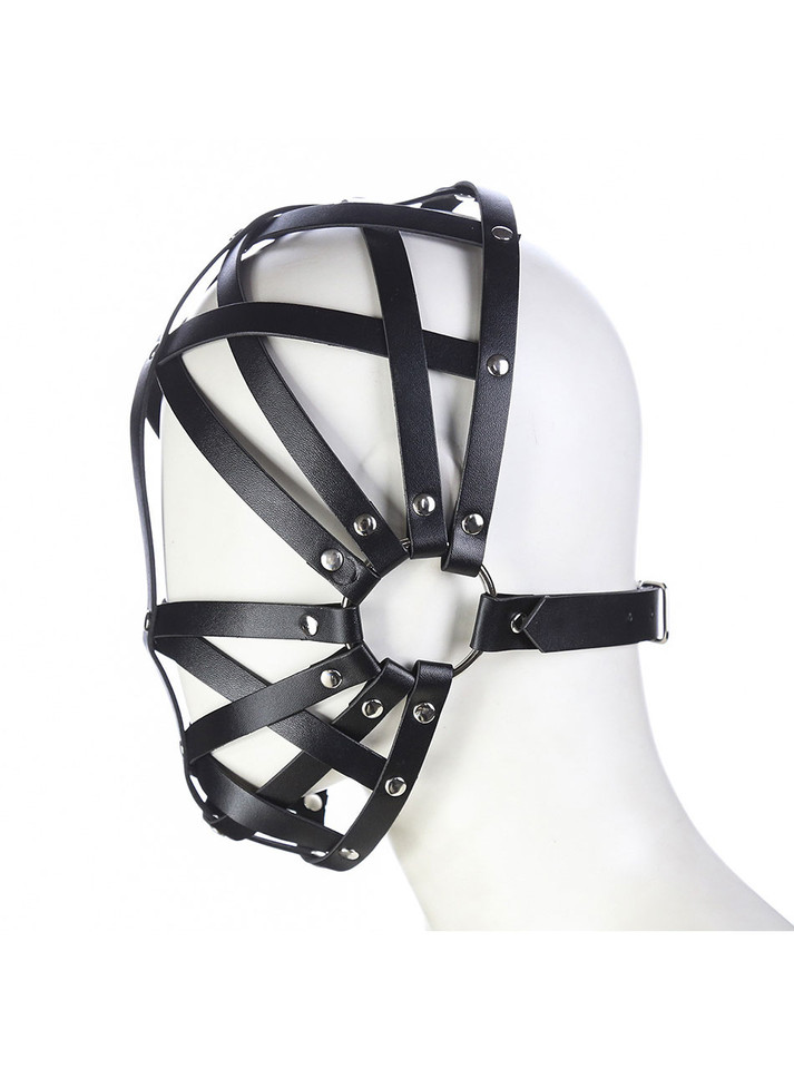 Elegant bondage-inspired cage hood with eye-catching silver embellishments.