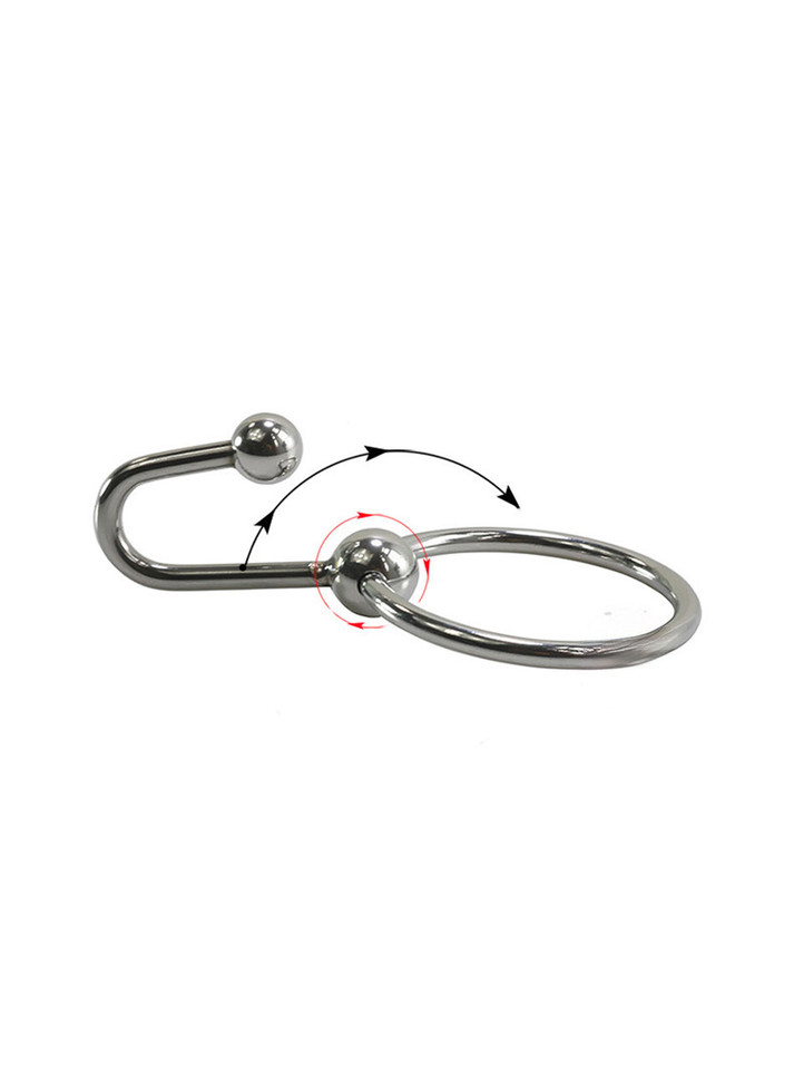 Stainless steel duo of urethral plug and pleasure ring, illustrating the range of sizes available.