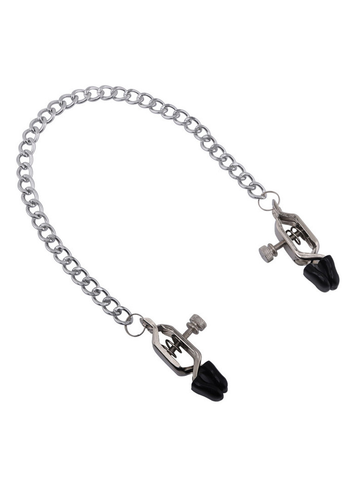 Japanese clover clamp with black vinyl tips and silver chain for nuanced pressure play.