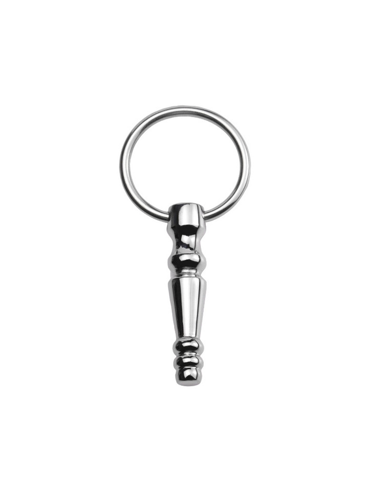 Gleaming stainless steel penis plug attached to a secure ring, epitomizing form and function.