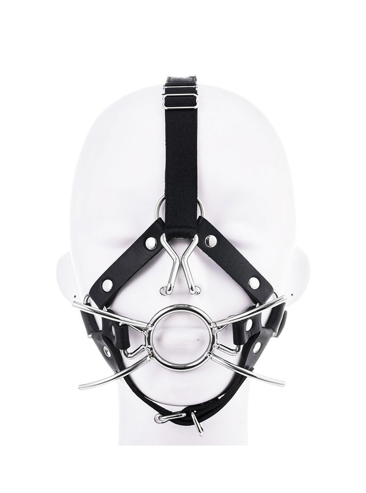 Black Vegan Leather Head Harness with Precision Mouth Opener
