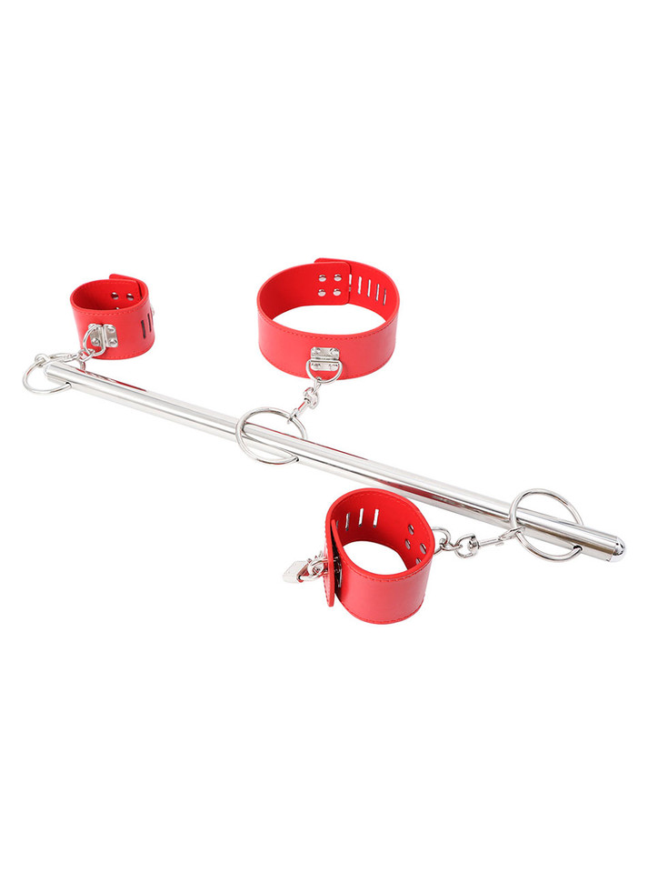 Red PU cuffs with stainless steel spreader bar for BDSM play