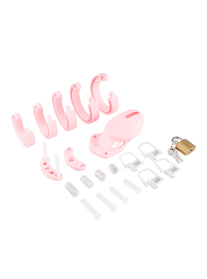 The Lollipop Pink Silicone Chastity Cage disassembled view showing different ring sizes