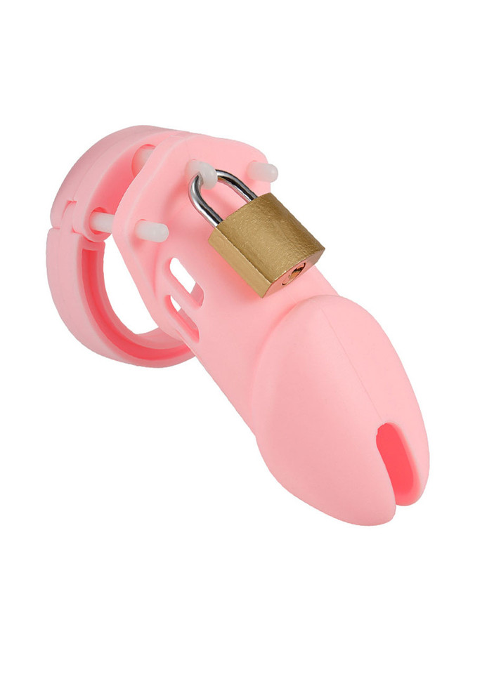 The Lollipop Pink Silicone Chastity Cage side view with padlock