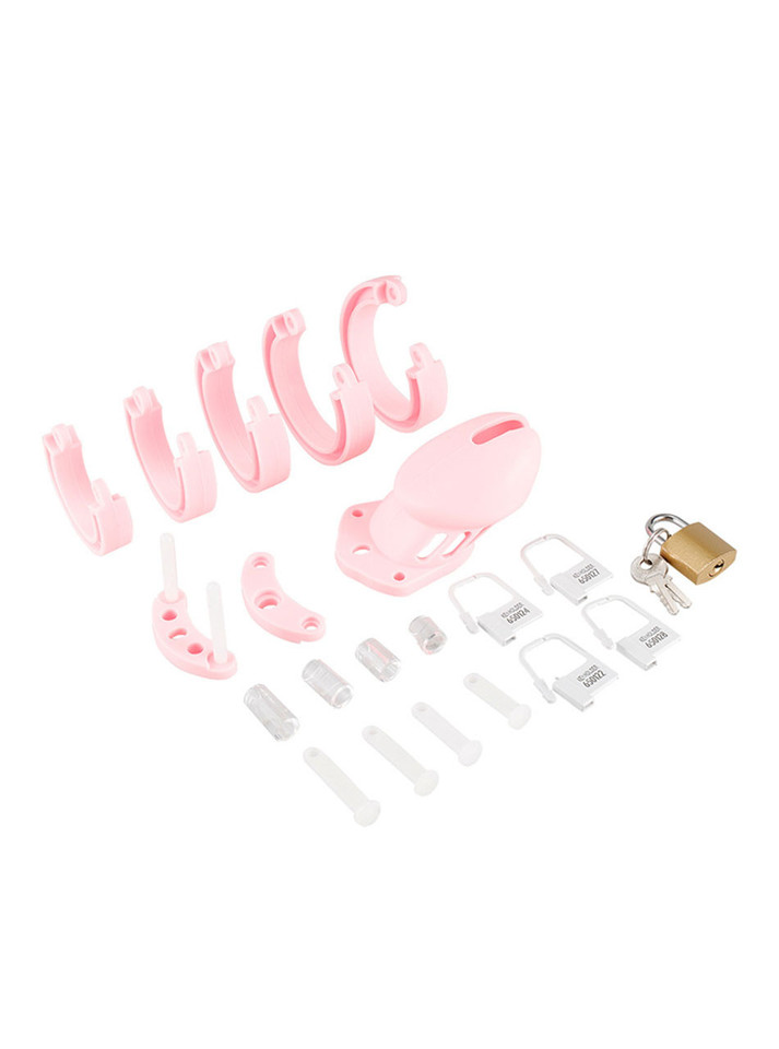 The Lollipop Pink Silicone Chastity Cage disassembled view showing different ring sizes