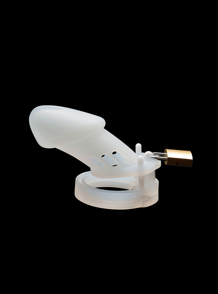 The Lollipop White Silicone Chastity Cage side view with padlock