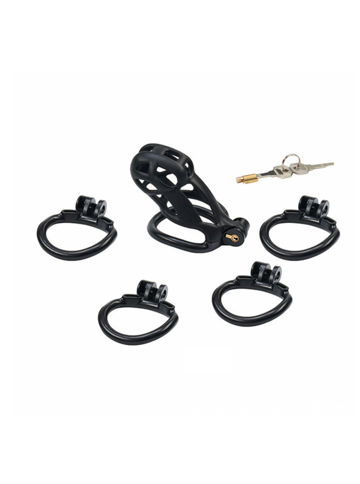 The Lollipop small silicone chastity device with multiple ring sizes and keys on a black background.