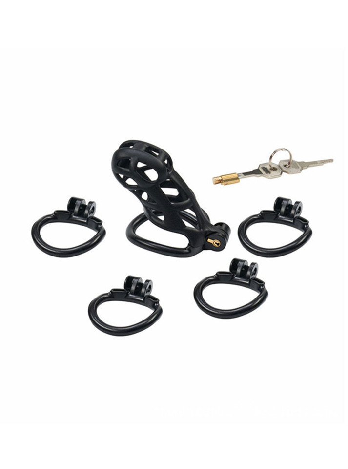 Black silicone chastity cage from The Lollipop series with multiple ring sizes and a secure padlock.