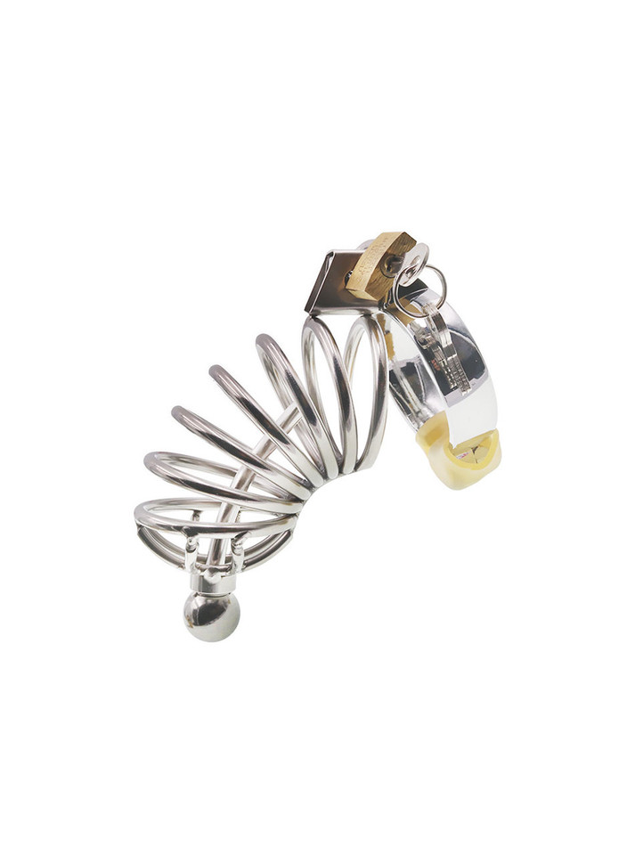 Elegant stainless steel large chastity cage with removable penis plug and various ring sizes.