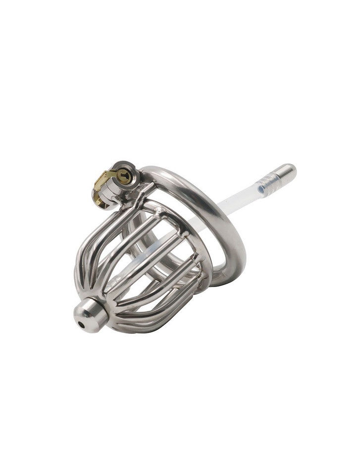 Sleek stainless steel chastity device with an ergonomic curve and a stainless steel urethral insert, showcasing its secure and comfortable design.