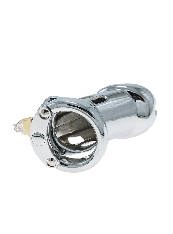 Stainless steel chastity cage with a glossy finish and secure lock, showcasing ventilation slots and a sleek, modern design.