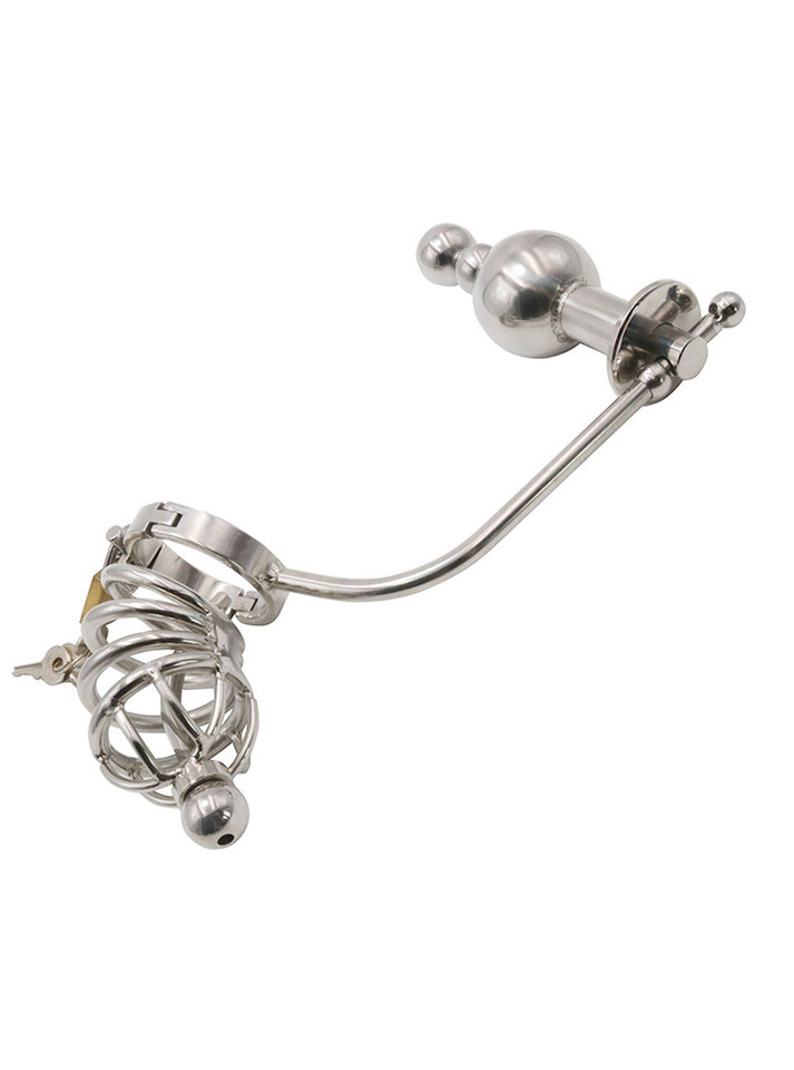 Stainless Steel Cock Cuff with Butt Plug and Penis Plug, featuring ergonomic design, secure locking, and dual stimulation capabilities for BDSM enthusiasts.