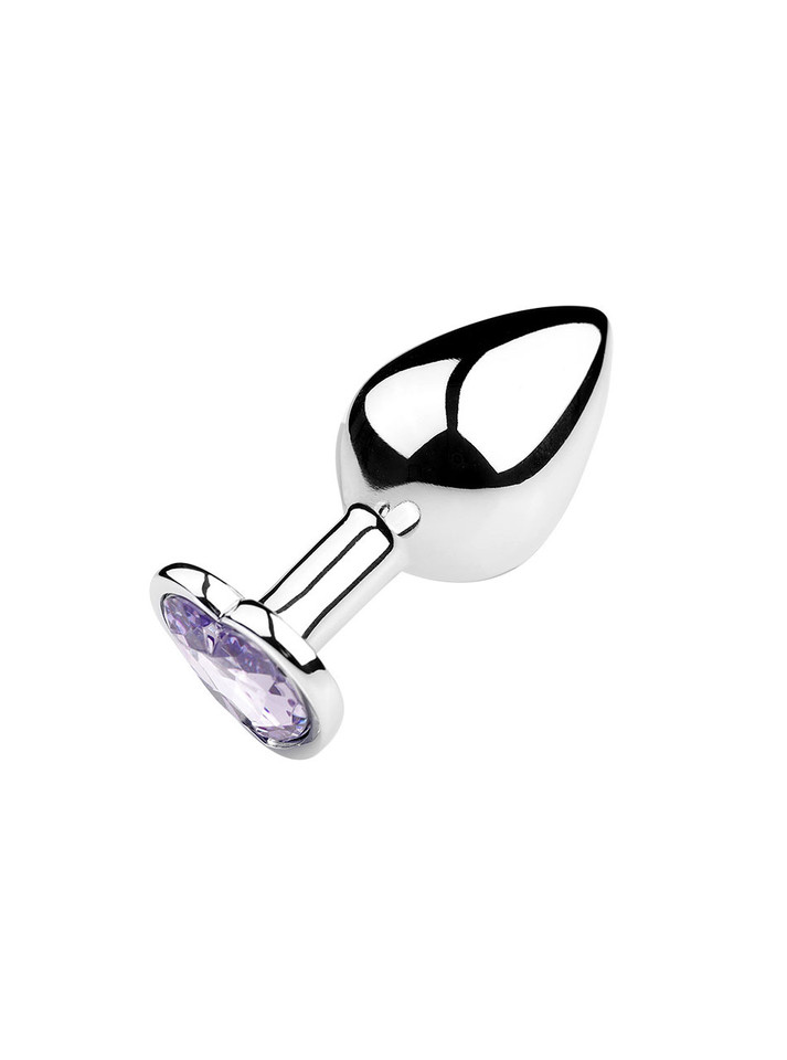 Light purple heart jewel metal butt plug on a reflective surface, ideal for enhancing anal play.
