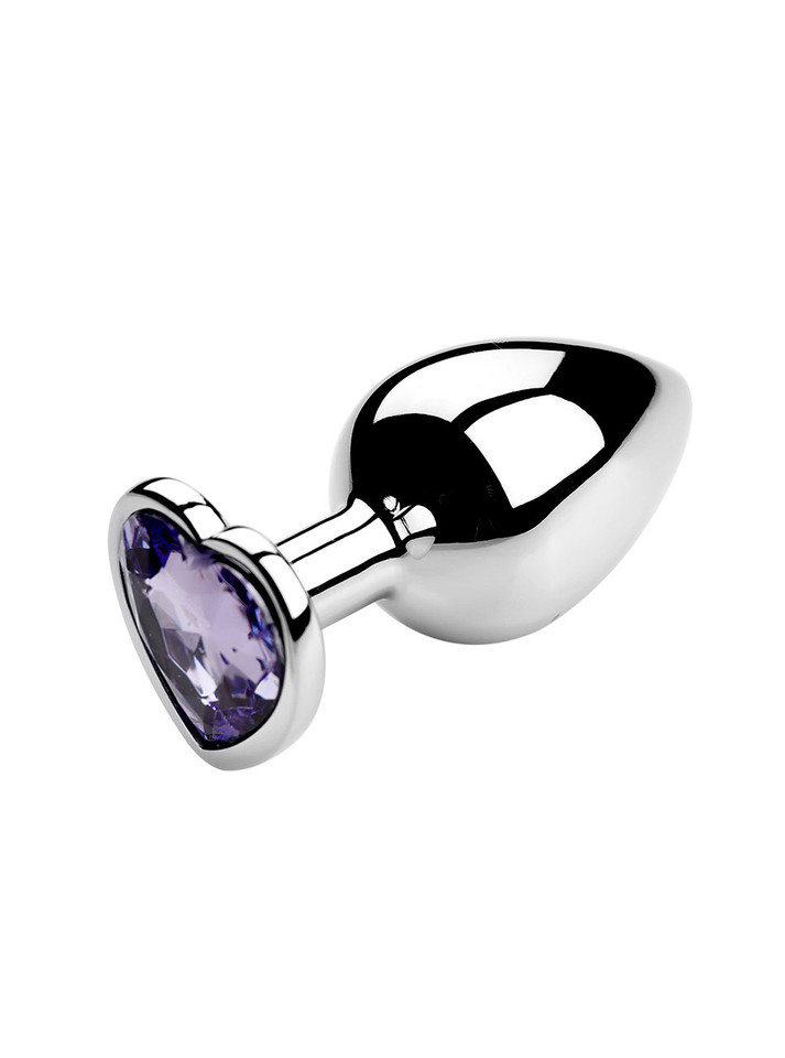 Elegant metal butt plug with a romantic light purple heart jewel, perfect for gift-giving or personal indulgence.