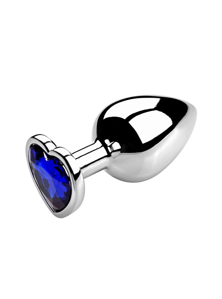 Blue heart jewel metal butt plug on a reflective surface, ideal for enhancing anal play.