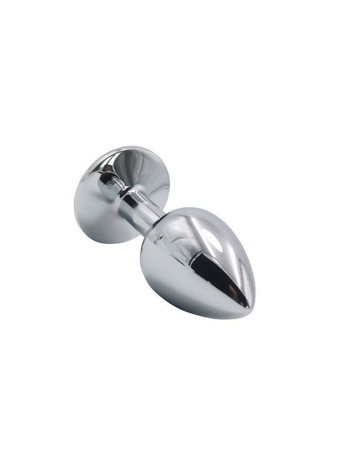 Side view of a zinc alloy butt plug with a round jewel, highlighting the sleek design and shiny finish.