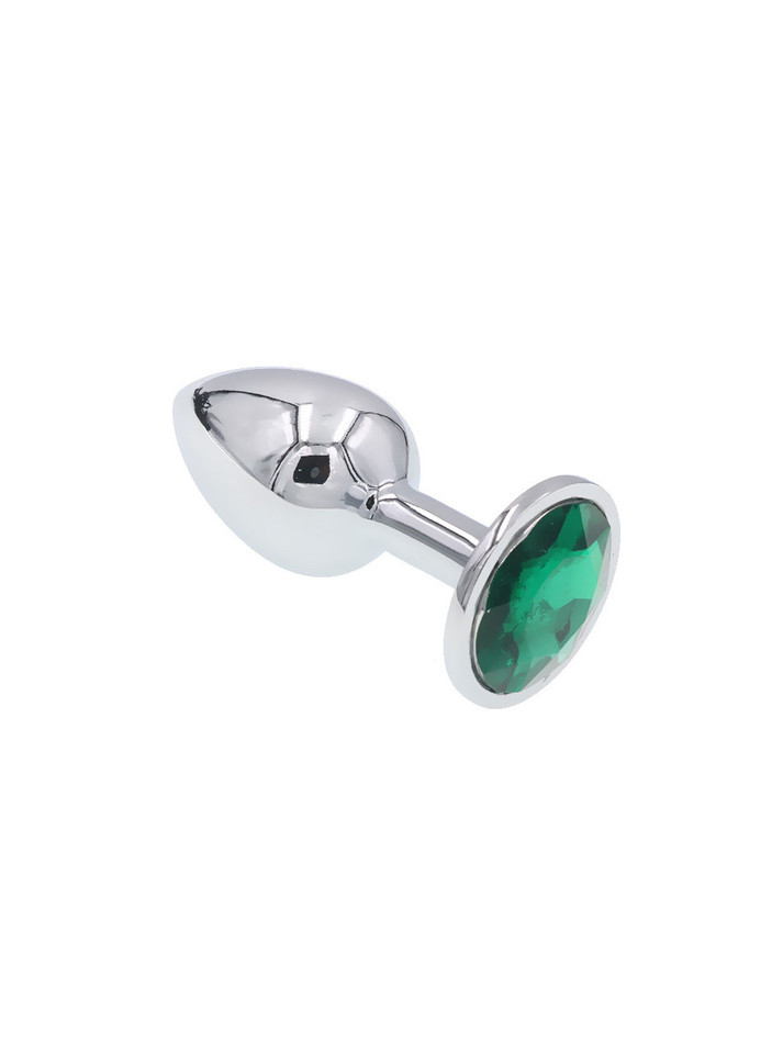 Polished zinc alloy butt plug with a green round jewel at the base, showcasing its reflective surface and smooth, tapered design.