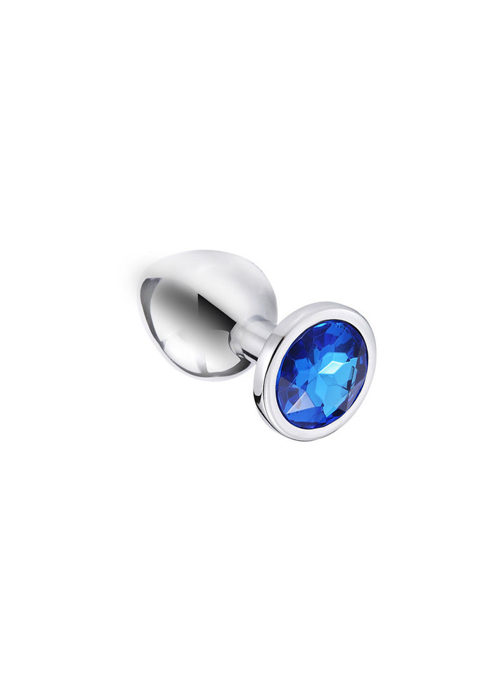 Polished zinc alloy butt plug with a blue round jewel at the base, showcasing its reflective surface and smooth, tapered design.