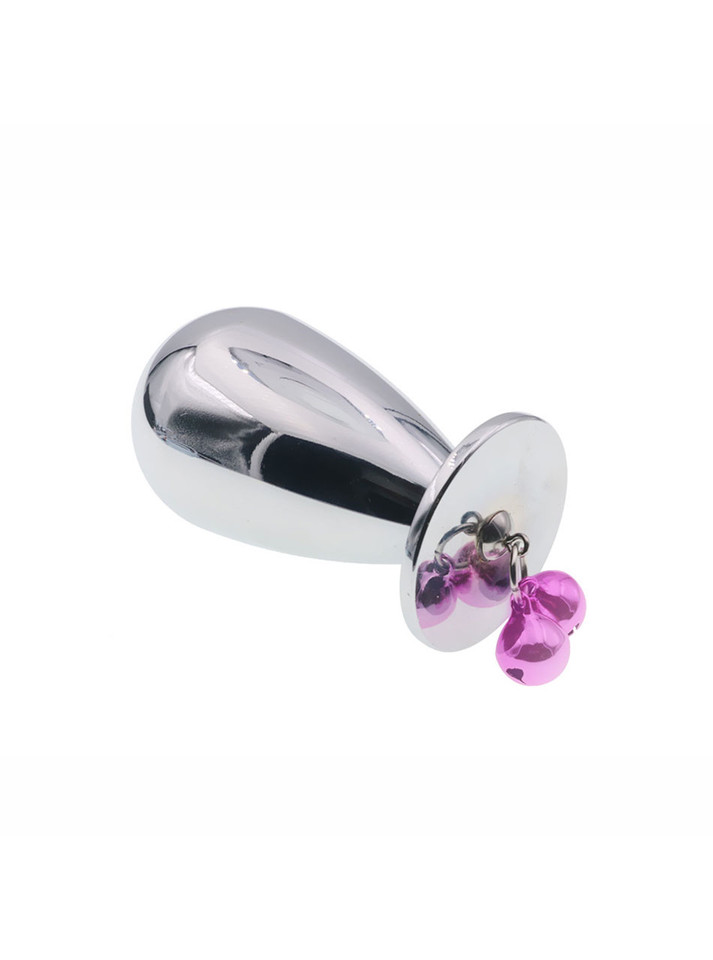 Aluminum butt plug with a mushroom tip and dimensions, featuring a reflective surface and pink chimes.