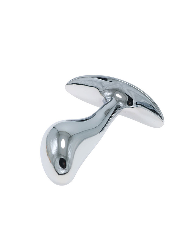 Close-up of the largest plug in the thumb shape metal butt plug, highlighting its ergonomic design and safety features