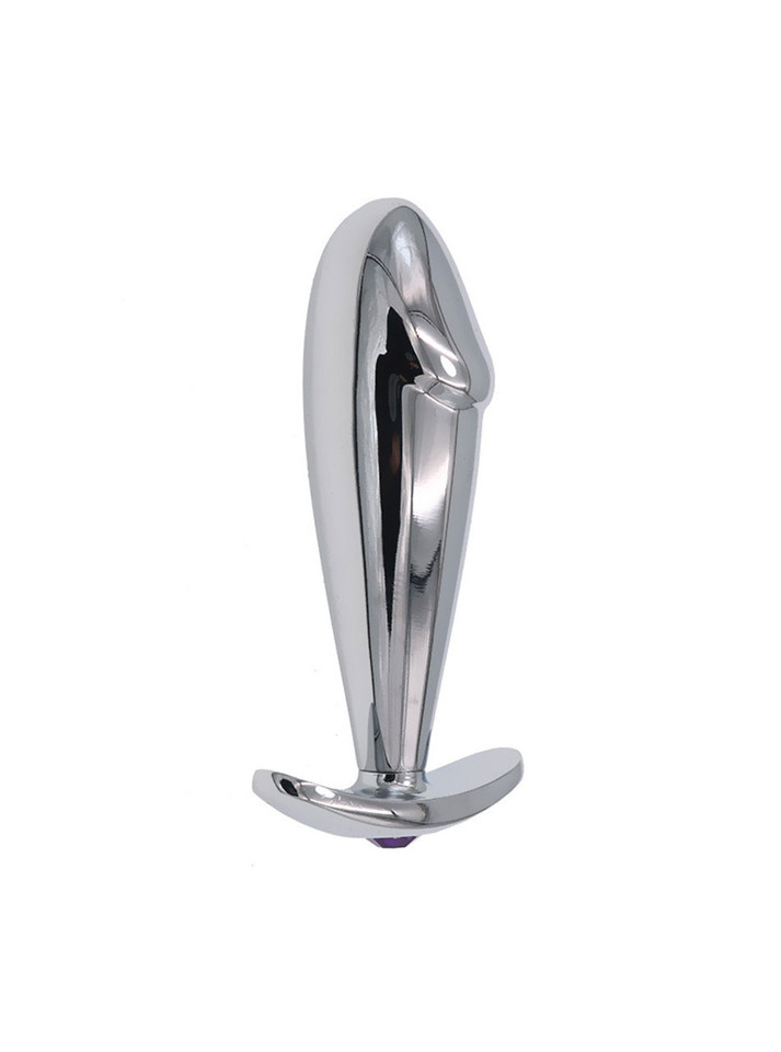 Silver penis-shaped butt plug with a blue gem at the base