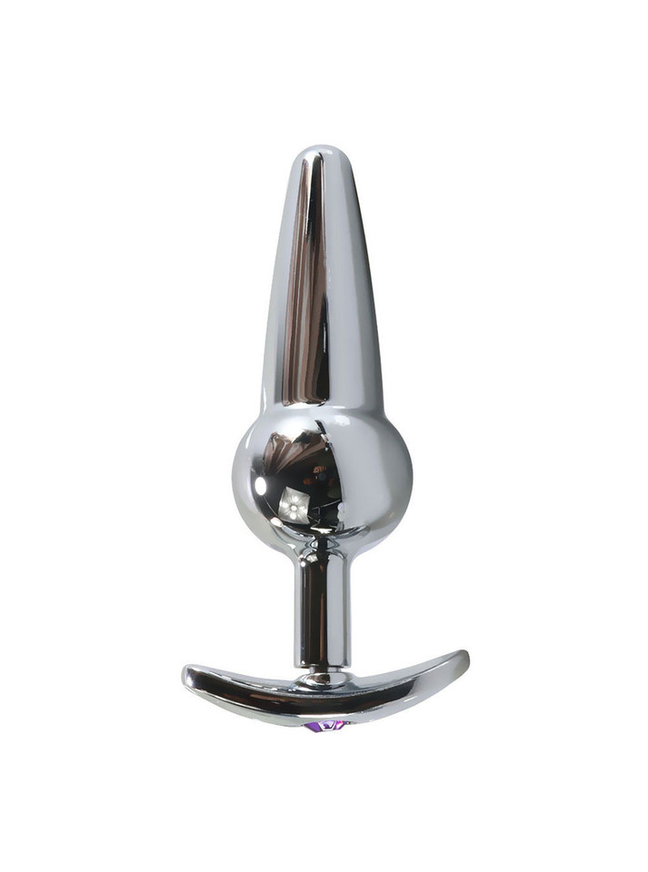 Shiny metal butt plug with a central spherical design and a secure flared base, designed for both visual appeal and enhanced pleasure.