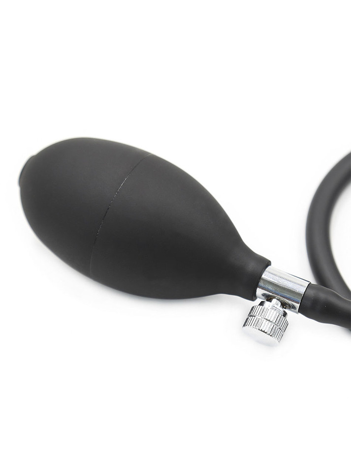 Inflatable Black Dildo Butt Plug with a ribbed texture and handheld pump, perfect for customizing your pleasure experience.