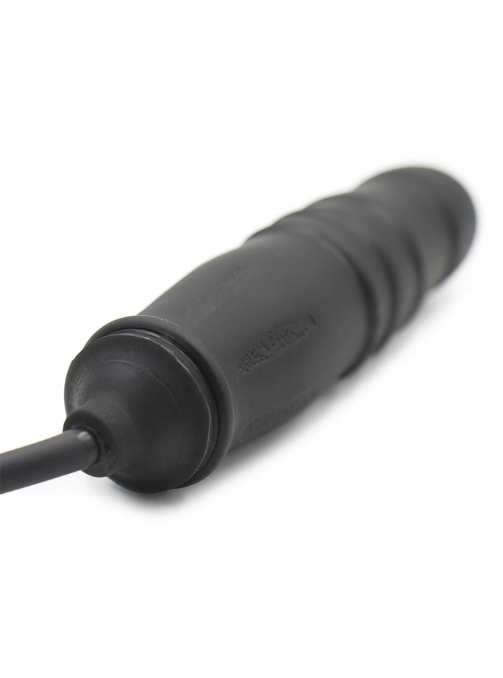 Inflatable Black Dildo Butt Plug with a ribbed texture and handheld pump, perfect for customizing your pleasure experience.