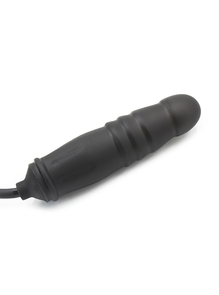 Inflatable Black Dildo Butt Plug with a ribbed texture and handheld pump, perfect for customizing your pleasure experience.