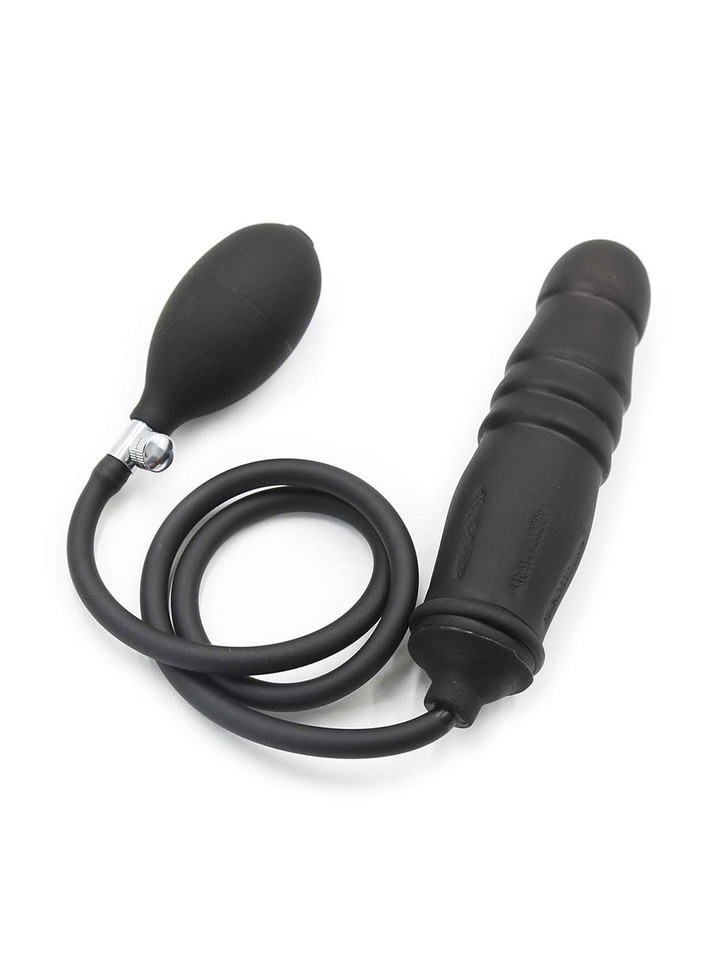 Inflatable Black Dildo Butt Plug with a ribbed texture and handheld pump, perfect for customizing your pleasure experience.
