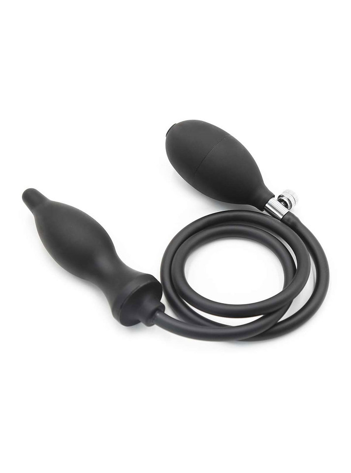 Expandable Black Rubber Anal Plug with handheld pump, designed for customizable and safe anal play.