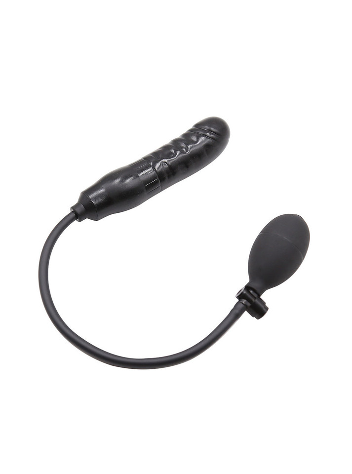 Expandable Black Rubber Dildo Butt Plug with handheld pump for customizable and realistic anal stimulation.
