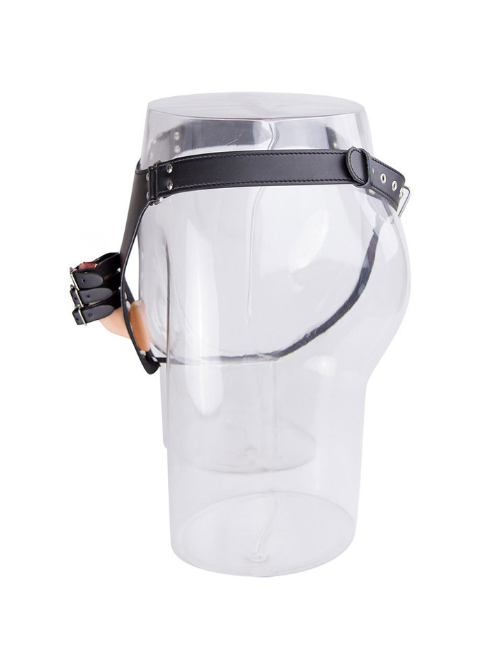 The Lollipop Male Chastity Harness with secure metal ring and adjustable vegan leather straps.