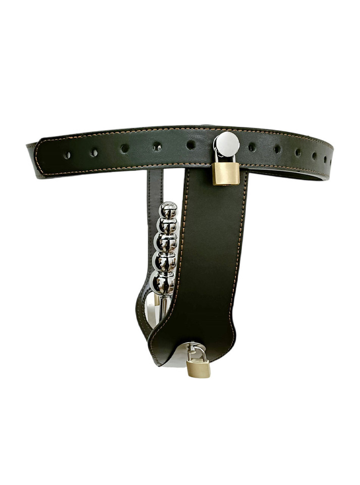 Empress Enclave Female Chastity Belt in black vegan leather with secure locking mechanism, key, and polished metal accents, showcasing the adjustable waist and T-shaped design.